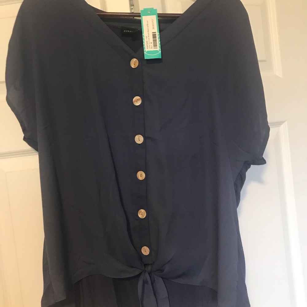 Blue and Gold Short Sleeve Tie Front Blouse